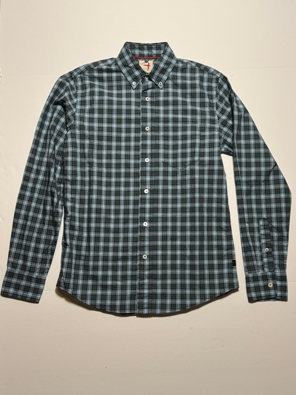 RELWEN Long-Sleeve Button-Down Plaid Shirt Blue Green Black Lightweight Cotton S